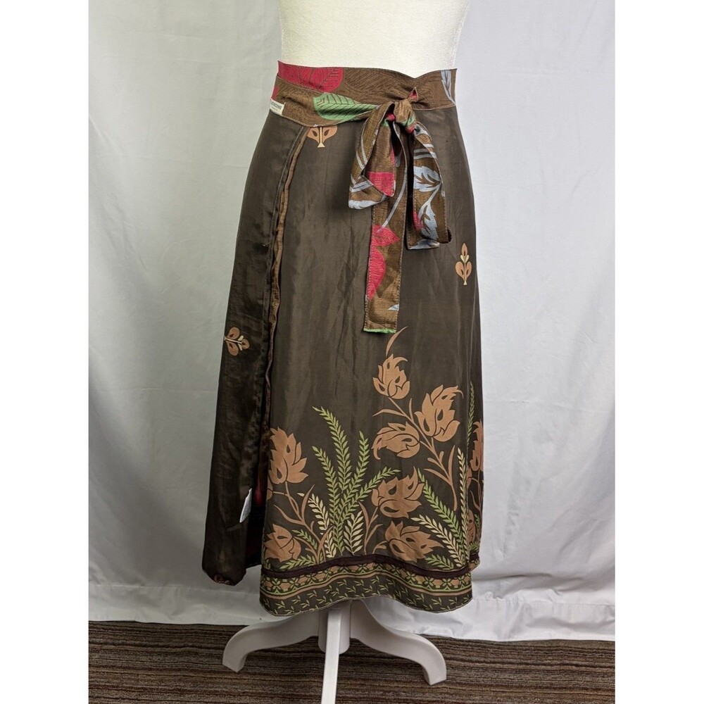 Earthbound Trading Co. Wrap Skirt Satin Boho Reversible Floral One Size Brow EUC